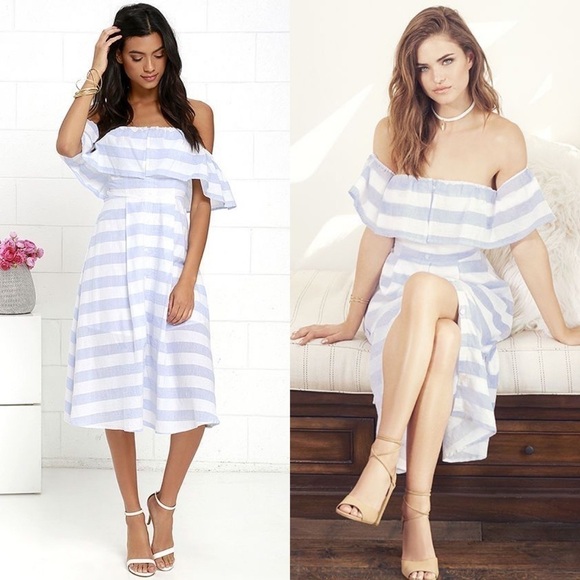 Lulus Cotton Off the Shoulder Striped Midi Dress - Picture 1 of 10